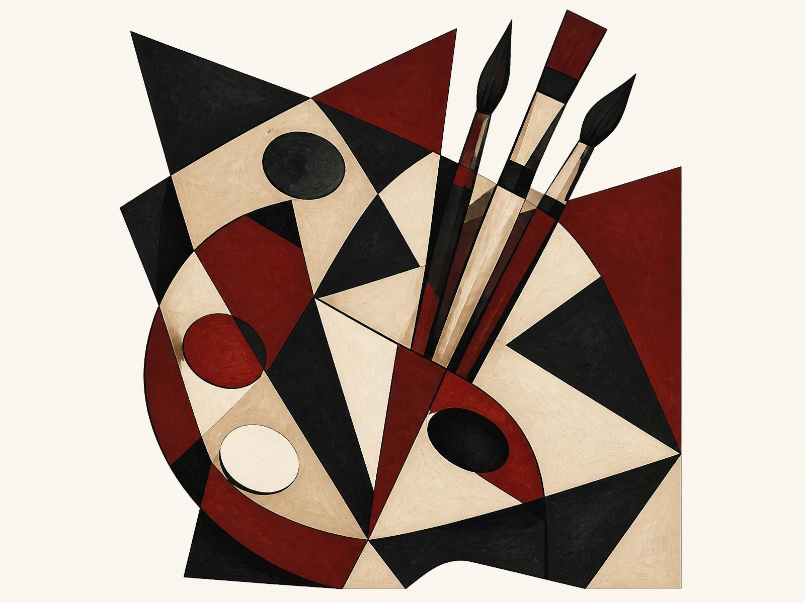 Cubist composition of a palette and brushes